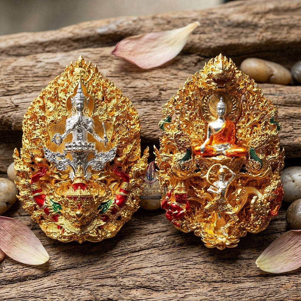 Master-Grade Phra Phuttha Chaimongkhon Phat Baramee (Charoen Lap Chana Mara) Bronze Silver-Plated Enameled Buddha Figure Gold-Plated Enameled Accents Thai Blessing Co By RURUECHA