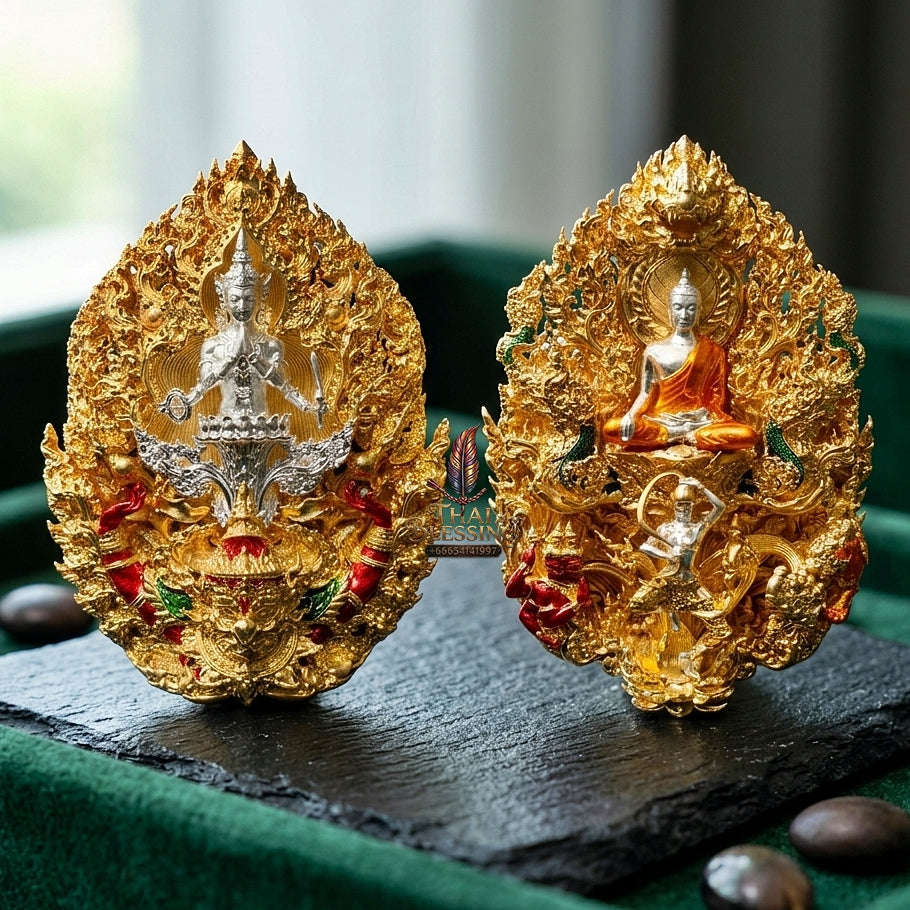 Master-Grade Phra Phuttha Chaimongkhon Phat Baramee (Charoen Lap Chana Mara) Bronze Silver-Plated Enameled Buddha Figure Gold-Plated Enameled Accents Thai Blessing Co By RURUECHA