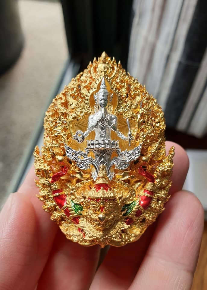 Master-Grade Phra Phuttha Chaimongkhon Phat Baramee (Charoen Lap Chana Mara) Bronze Silver-Plated Enameled Buddha Figure Gold-Plated Enameled Accents Thai Blessing Co By RURUECHA