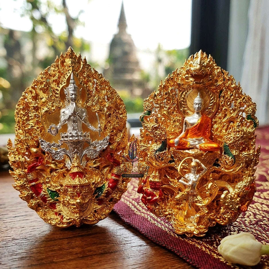Master-Grade Phra Phuttha Chaimongkhon Phat Baramee (Charoen Lap Chana Mara) Bronze Silver-Plated Enameled Buddha Figure Gold-Plated Enameled Accents Thai Blessing Co By RURUECHA