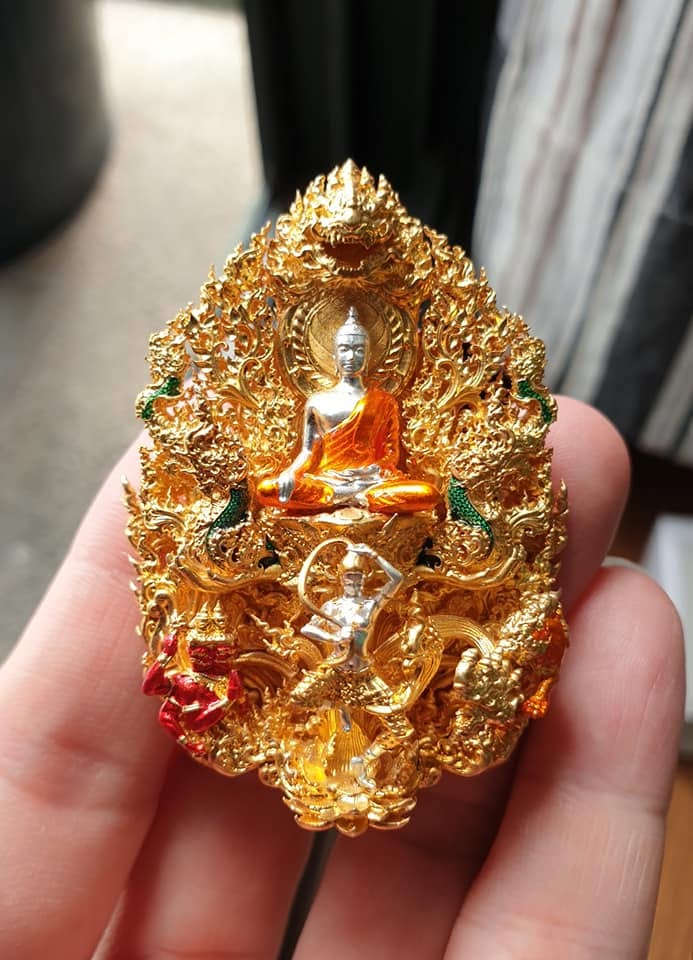 Master-Grade Phra Phuttha Chaimongkhon Phat Baramee (Charoen Lap Chana Mara) Bronze Silver-Plated Enameled Buddha Figure Gold-Plated Enameled Accents Thai Blessing Co By RURUECHA