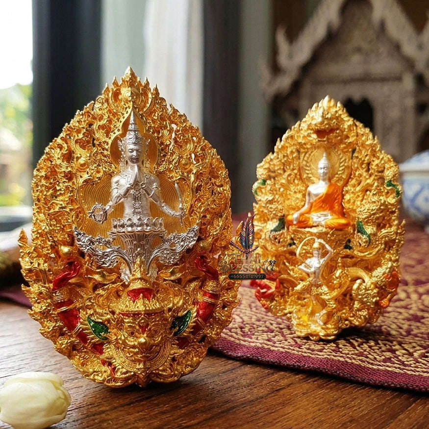 Master-Grade Phra Phuttha Chaimongkhon Phat Baramee (Charoen Lap Chana Mara) Bronze Silver-Plated Enameled Buddha Figure Gold-Plated Enameled Accents Thai Blessing Co By RURUECHA