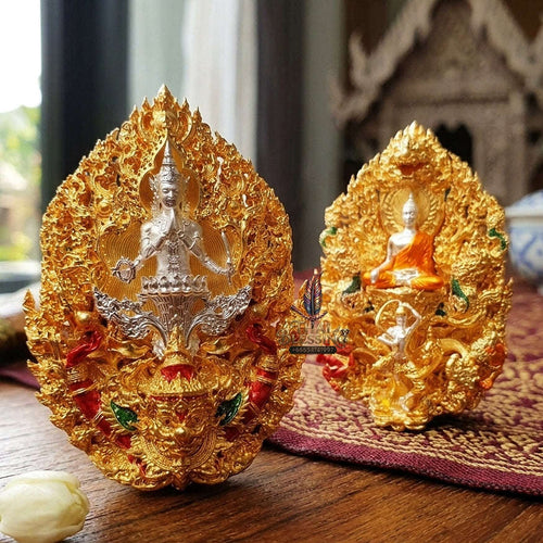 Master-Grade Phra Phuttha Chaimongkhon Phat Baramee (Charoen Lap Chana Mara) Bronze Silver-Plated Enameled Buddha Figure Gold-Plated Enameled Accents Thai Blessing Co By RURUECHA