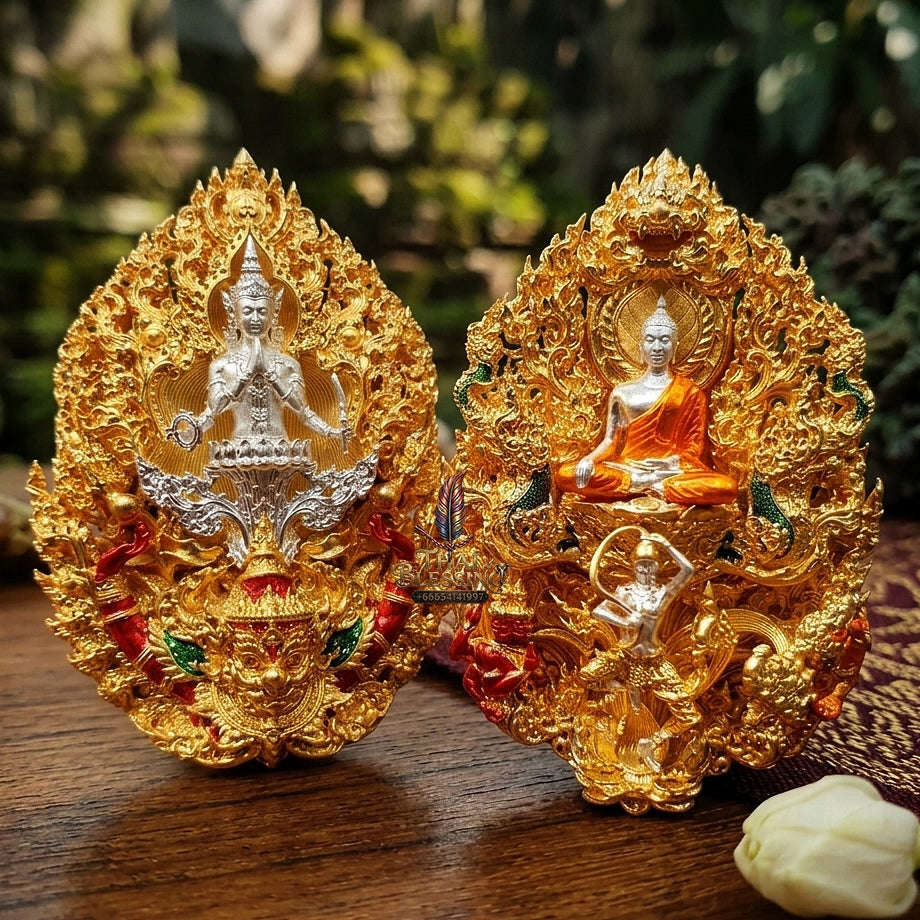 Master-Grade Phra Phuttha Chaimongkhon Phat Baramee (Charoen Lap Chana Mara) Bronze Silver-Plated Enameled Buddha Figure Gold-Plated Enameled Accents Thai Blessing Co By RURUECHA
