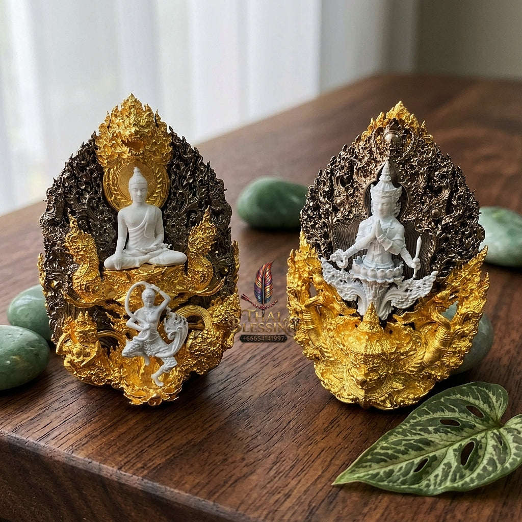 Master-Grade Phra Phuttha Chaimongkhon Phat Baramee (Charoen Lap Chana Mara) Nawa Loha Base White Buddha Figure Black/Gold Plated Accents