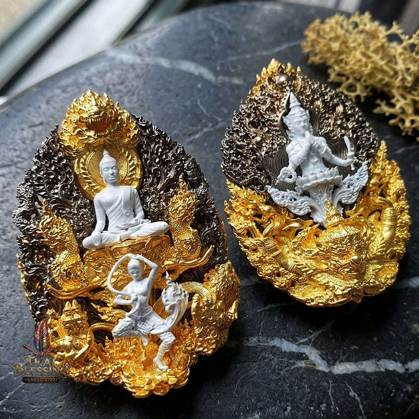 Master-Grade Phra Phuttha Chaimongkhon Phat Baramee (Charoen Lap Chana Mara) Nawa Loha Base White Buddha Figure Black/Gold Plated Accents