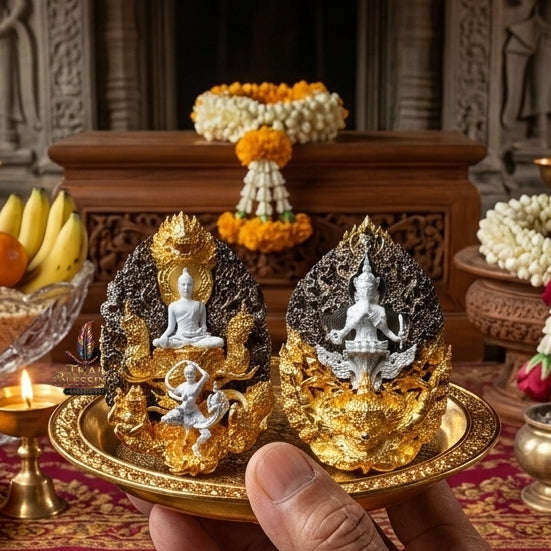 Master-Grade Phra Phuttha Chaimongkhon Phat Baramee (Charoen Lap Chana Mara) Nawa Loha Base White Buddha Figure Black/Gold Plated Accents