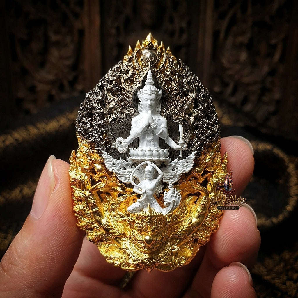 Master-Grade Phra Phuttha Chaimongkhon Phat Baramee (Charoen Lap Chana Mara) Nawa Loha Base White Buddha Figure Black/Gold Plated Accents