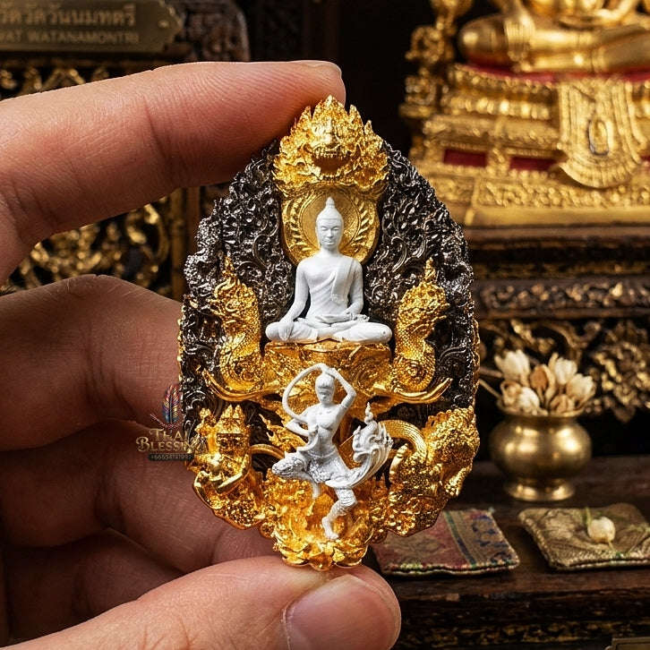 Master-Grade Phra Phuttha Chaimongkhon Phat Baramee (Charoen Lap Chana Mara) Nawa Loha Base White Buddha Figure Black/Gold Plated Accents