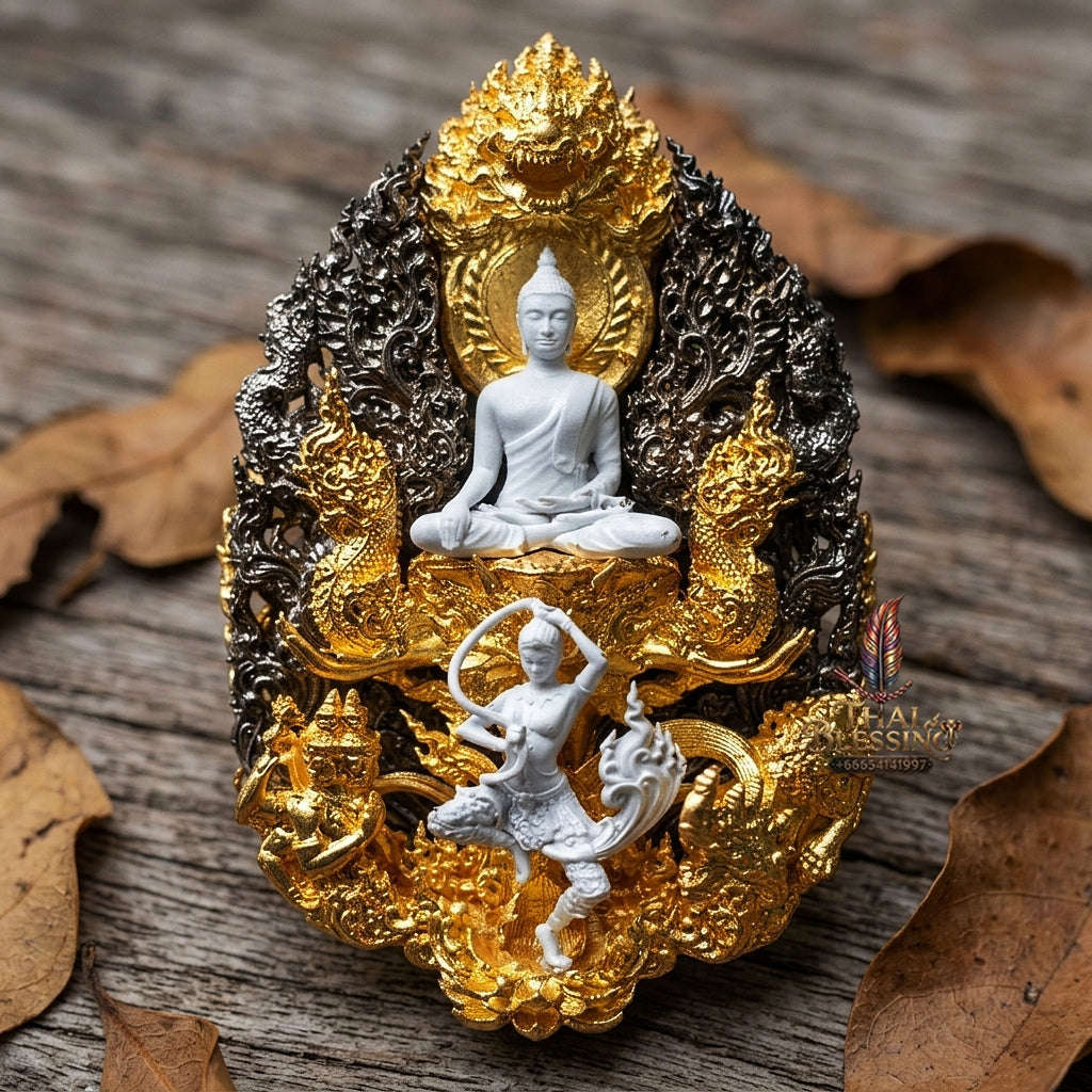 Master-Grade Phra Phuttha Chaimongkhon Phat Baramee (Charoen Lap Chana Mara) Nawa Loha Base White Buddha Figure Black/Gold Plated Accents