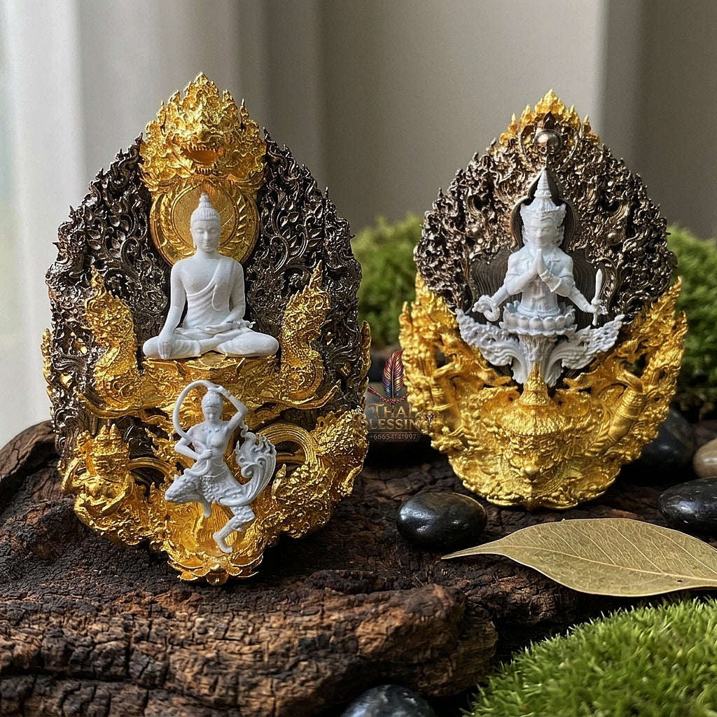 Master-Grade Phra Phuttha Chaimongkhon Phat Baramee (Charoen Lap Chana Mara) Nawa Loha Base White Buddha Figure Black/Gold Plated Accents