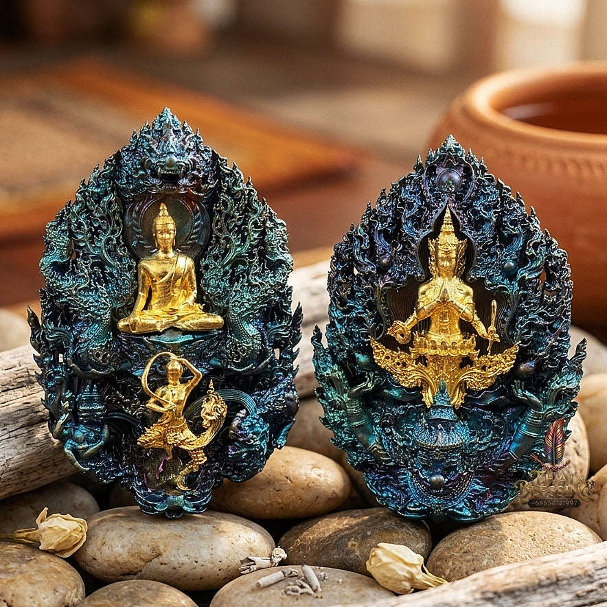 Master-Grade Phra Phuttha Chaimongkhon Phat Baramee (Charoen Lap Chana Mara) Rainbow Bronze Gold-Plated Buddha Figure Wat Huai Duan Thai Blessing Co By RURUECHA