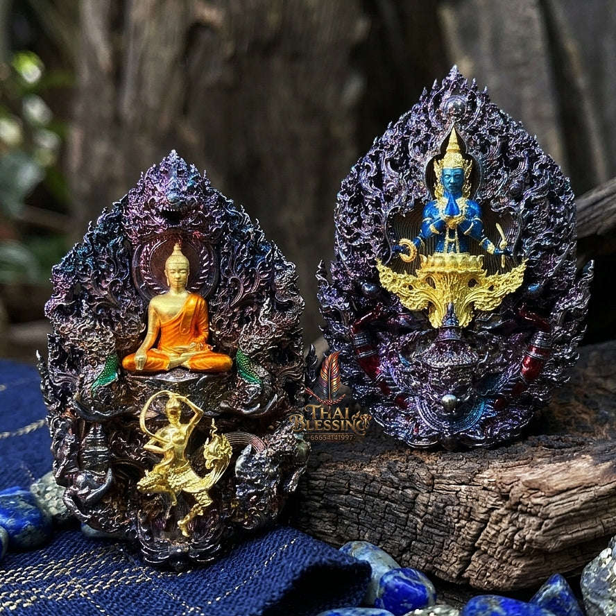 Master-Grade Phra Phuttha Chaimongkhon Phat Baramee (Charoen Lap Chana Mara) Rainbow-Plated Samrit Bronze Gold-Plated Enameled Buddha Figure Thai Blessing Co By RURUECHA