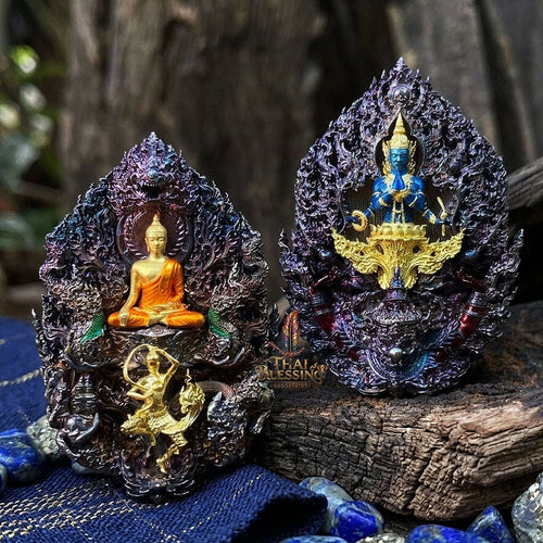 Master-Grade Phra Phuttha Chaimongkhon Phat Baramee (Charoen Lap Chana Mara) Rainbow-Plated Samrit Bronze Gold-Plated Enameled Buddha Figure Thai Blessing Co By RURUECHA