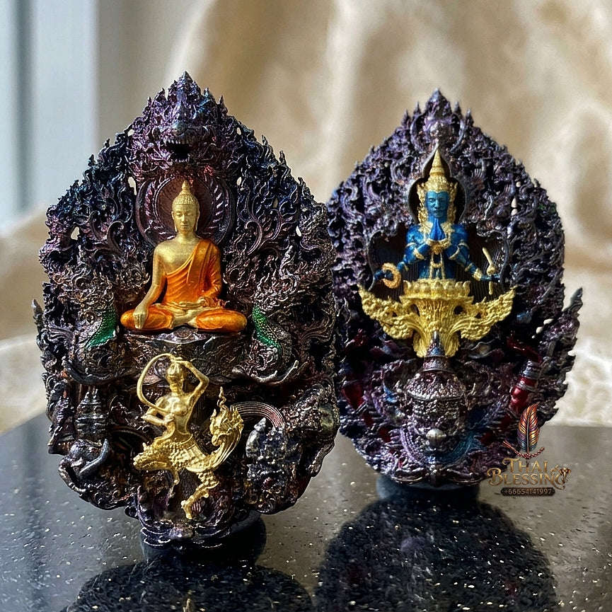 Master-Grade Phra Phuttha Chaimongkhon Phat Baramee (Charoen Lap Chana Mara) Rainbow-Plated Samrit Bronze Gold-Plated Enameled Buddha Figure Thai Blessing Co By RURUECHA