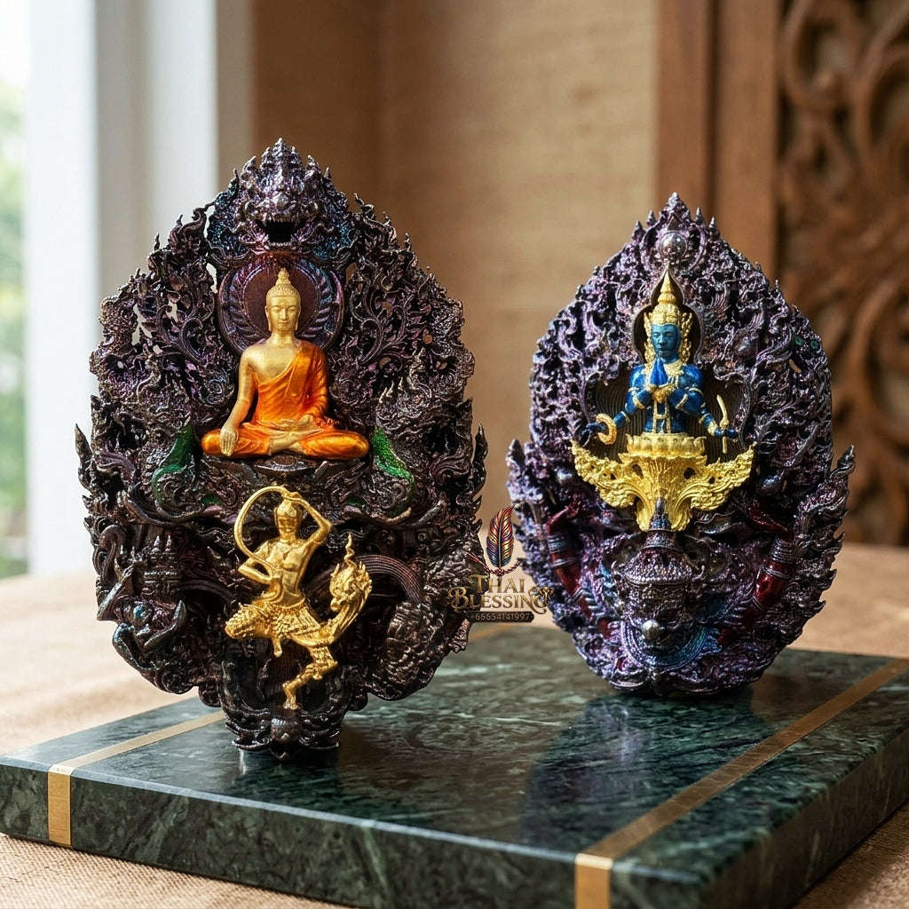 Master-Grade Phra Phuttha Chaimongkhon Phat Baramee (Charoen Lap Chana Mara) Rainbow-Plated Samrit Bronze Gold-Plated Enameled Buddha Figure Thai Blessing Co By RURUECHA