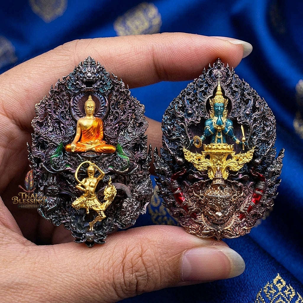 Master-Grade Phra Phuttha Chaimongkhon Phat Baramee (Charoen Lap Chana Mara) Rainbow-Plated Samrit Bronze Gold-Plated Enameled Buddha Figure Thai Blessing Co By RURUECHA