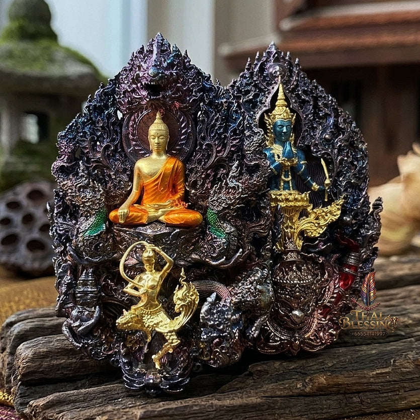 Master-Grade Phra Phuttha Chaimongkhon Phat Baramee (Charoen Lap Chana Mara) Rainbow-Plated Samrit Bronze Gold-Plated Enameled Buddha Figure Thai Blessing Co By RURUECHA