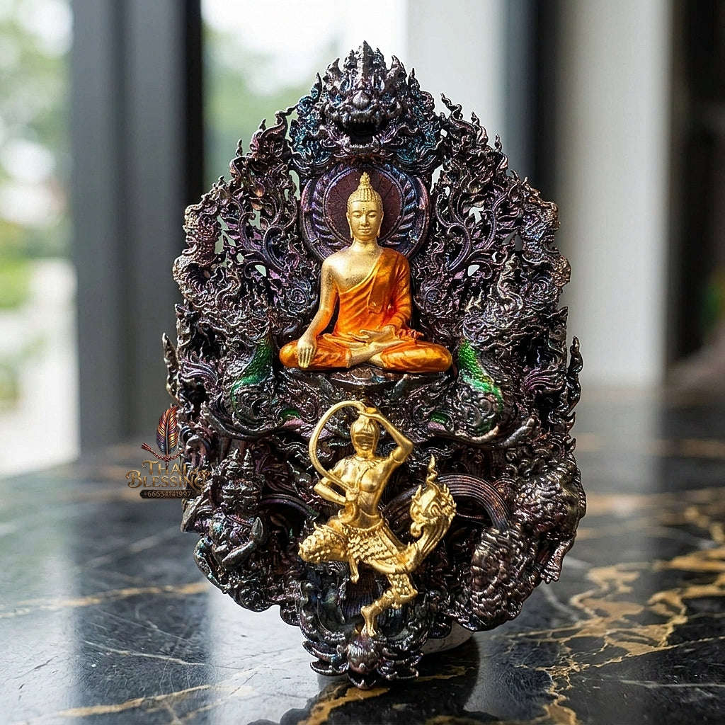 Master-Grade Phra Phuttha Chaimongkhon Phat Baramee (Charoen Lap Chana Mara) Rainbow-Plated Samrit Bronze Gold-Plated Enameled Buddha Figure Thai Blessing Co By RURUECHA