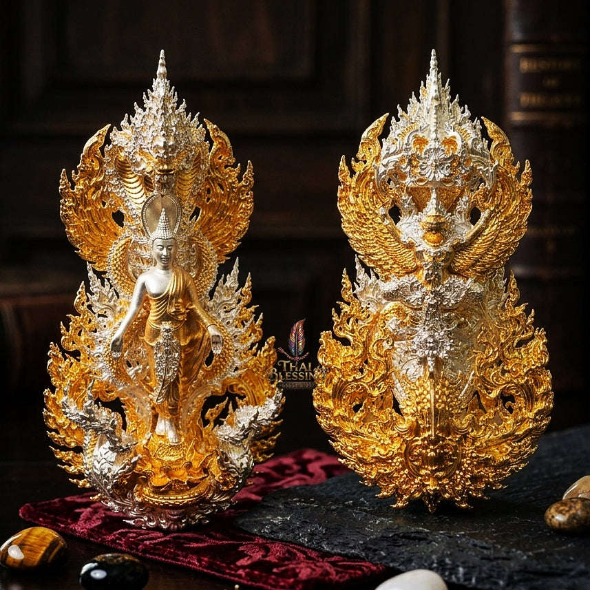Master-Grade Phra Phuttha Pattiharn Paet Lok Bronze 2K Imperial Gold Plated Nagaprok Back Garuda Sacred Casting Edition Thai Blessing Co By RURUECHA
