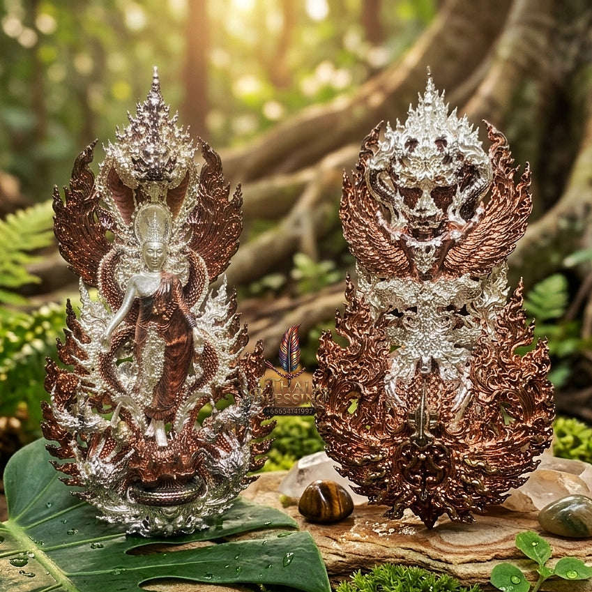 Master-Grade Phra Phuttha Pattiharn Paet Lok Bronze 2K Pink Gold Plated Naga Loop Nagaprok Back Garuda Sacred Casting Edition Wat Wimutti Thamm Sikhiu Thai Blessing Co By RURUECHA