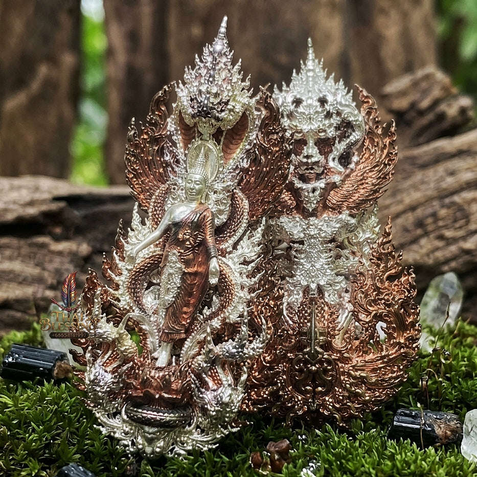 Master-Grade Phra Phuttha Pattiharn Paet Lok Bronze 2K Pink Gold Plated Naga Loop Nagaprok Back Garuda Sacred Casting Edition Wat Wimutti Thamm Sikhiu Thai Blessing Co By RURUECHA