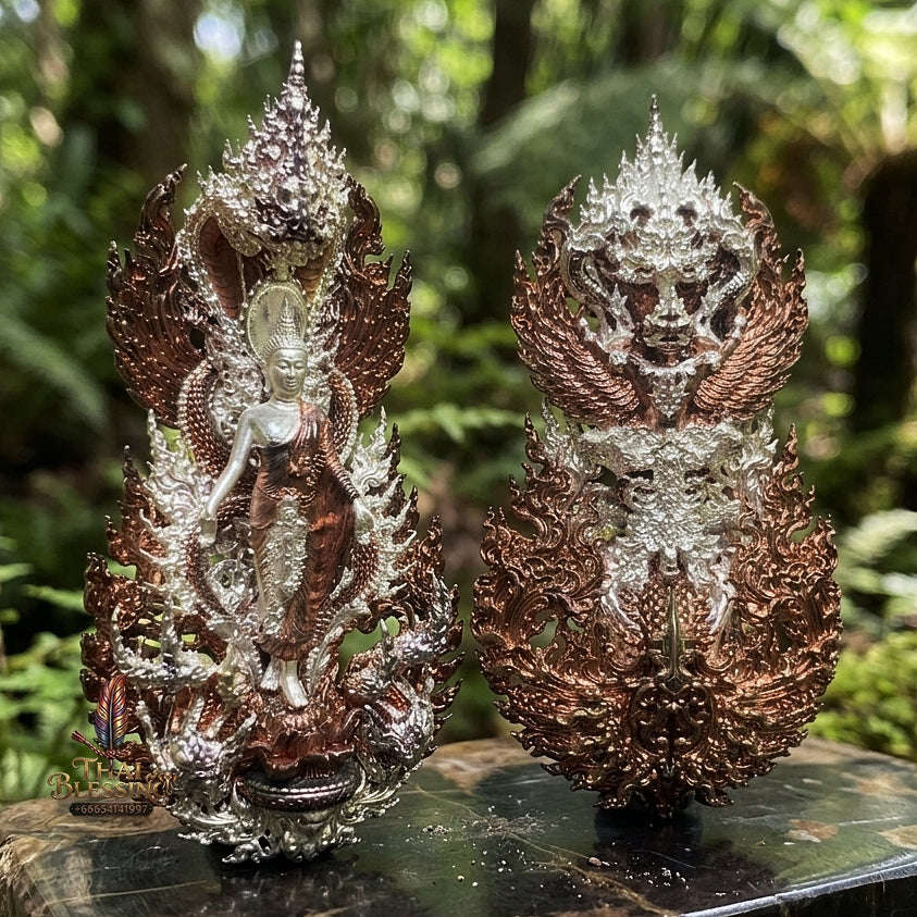 Master-Grade Phra Phuttha Pattiharn Paet Lok Bronze 2K Pink Gold Plated Naga Loop Nagaprok Back Garuda Sacred Casting Edition Wat Wimutti Thamm Sikhiu Thai Blessing Co By RURUECHA