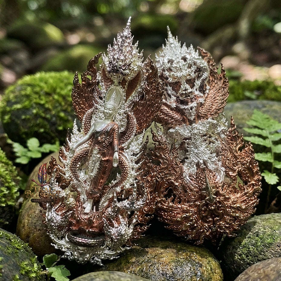 Master-Grade Phra Phuttha Pattiharn Paet Lok Bronze 2K Pink Gold Plated Naga Loop Nagaprok Back Garuda Sacred Casting Edition Wat Wimutti Thamm Sikhiu Thai Blessing Co By RURUECHA
