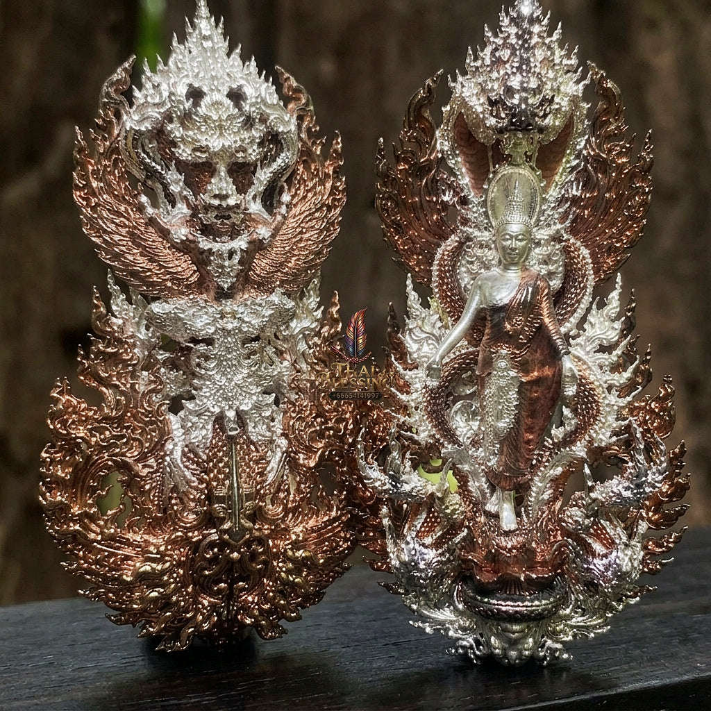 Master-Grade Phra Phuttha Pattiharn Paet Lok Bronze 2K Pink Gold Plated Naga Loop Nagaprok Back Garuda Sacred Casting Edition Wat Wimutti Thamm Sikhiu Thai Blessing Co By RURUECHA