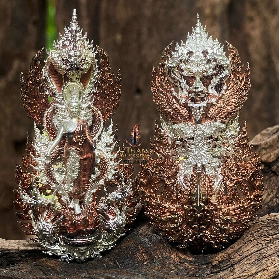 Master-Grade Phra Phuttha Pattiharn Paet Lok Bronze 2K Pink Gold Plated Naga Loop Nagaprok Back Garuda Sacred Casting Edition Wat Wimutti Thamm Sikhiu Thai Blessing Co By RURUECHA