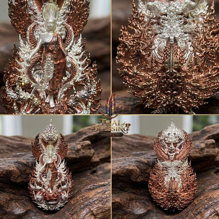 Master-Grade Phra Phuttha Pattiharn Paet Lok Bronze 2K Pink Gold Plated Naga Loop Nagaprok Back Garuda Sacred Casting Edition Wat Wimutti Thamm Sikhiu Thai Blessing Co By RURUECHA