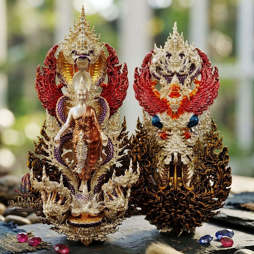 Master-Grade Phra Phuttha Pattiharn Paet Lok Bronze 3K Tri-Color Gold Plated with Patina Enameling Nagaprok Back Garuda Sacred Casting Edition Thai Blessing Co By RURUECHA