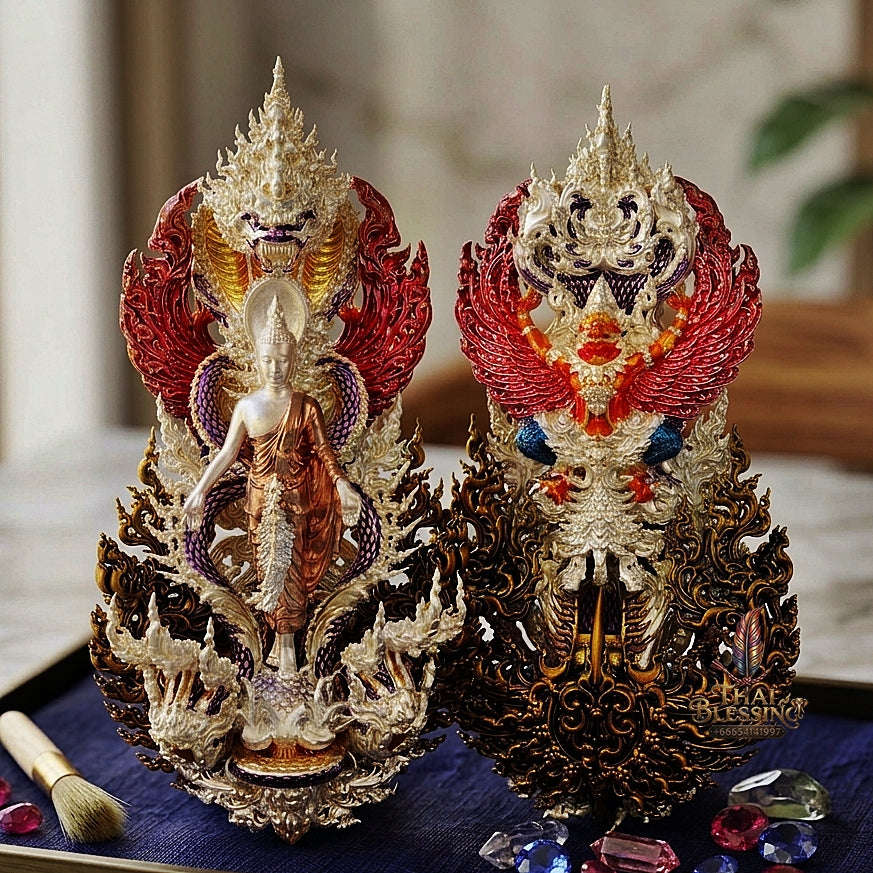 Master-Grade Phra Phuttha Pattiharn Paet Lok Bronze 3K Tri-Color Gold Plated with Patina Enameling Nagaprok Back Garuda Sacred Casting Edition Thai Blessing Co By RURUECHA