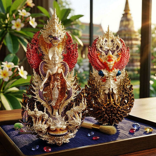 Master-Grade Phra Phuttha Pattiharn Paet Lok Bronze 3K Tri-Color Gold Plated with Patina Enameling Nagaprok Back Garuda Sacred Casting Edition Thai Blessing Co By RURUECHA