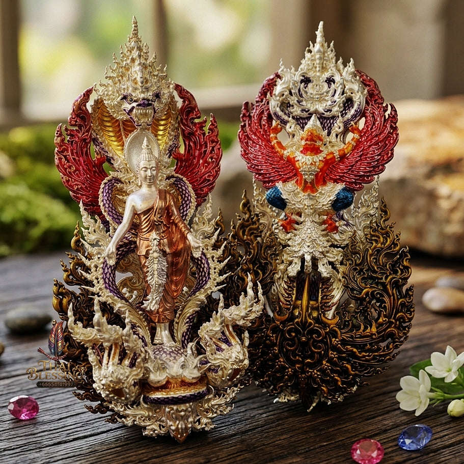 Master-Grade Phra Phuttha Pattiharn Paet Lok Bronze 3K Tri-Color Gold Plated with Patina Enameling Nagaprok Back Garuda Sacred Casting Edition Thai Blessing Co By RURUECHA