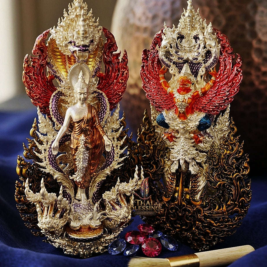 Master-Grade Phra Phuttha Pattiharn Paet Lok Bronze 3K Tri-Color Gold Plated with Patina Enameling Nagaprok Back Garuda Sacred Casting Edition Thai Blessing Co By RURUECHA