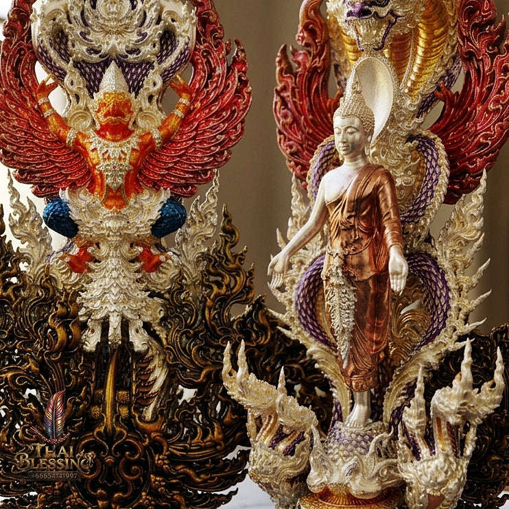 Master-Grade Phra Phuttha Pattiharn Paet Lok Bronze 3K Tri-Color Gold Plated with Patina Enameling Nagaprok Back Garuda Sacred Casting Edition Thai Blessing Co By RURUECHA