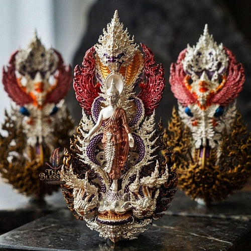 Master-Grade Phra Phuttha Pattiharn Paet Lok Bronze 3K Tri-Color Gold Plated with Patina Enameling Nagaprok Back Garuda Sacred Casting Edition Thai Blessing Co By RURUECHA