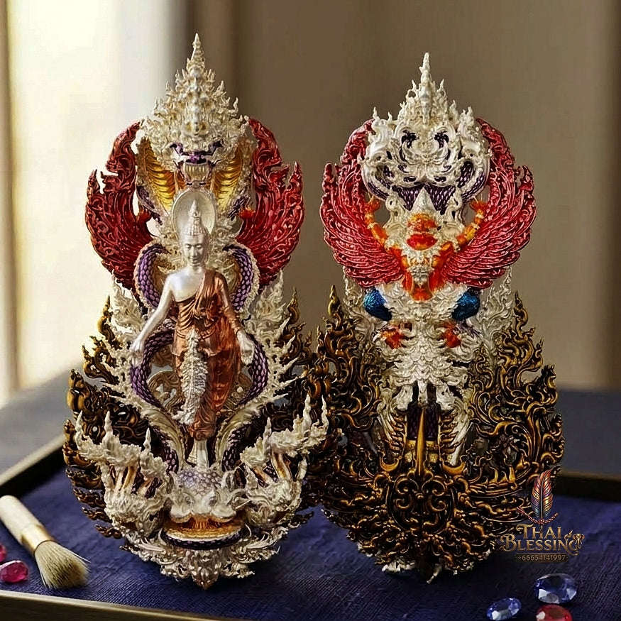 Master-Grade Phra Phuttha Pattiharn Paet Lok Bronze 3K Tri-Color Gold Plated with Patina Enameling Nagaprok Back Garuda Sacred Casting Edition Thai Blessing Co By RURUECHA