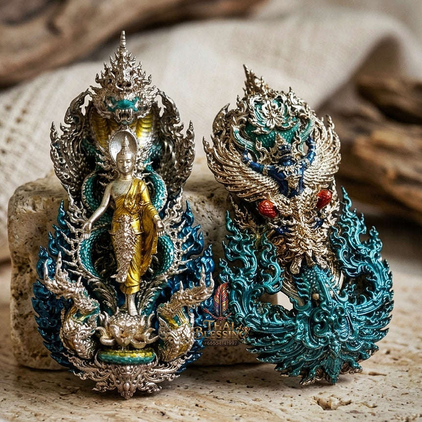 Master-Grade Phra Phuttha Pattiharn Paet Lok Bronze with Patina Enameling Nagaprok Back Garuda Sacred Casting Thai Blessing Co By RURUECHA