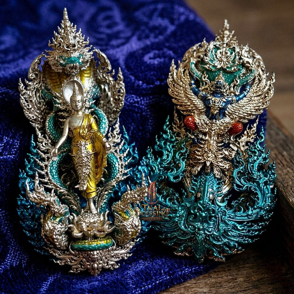 Master-Grade Phra Phuttha Pattiharn Paet Lok Bronze with Patina Enameling Nagaprok Back Garuda Sacred Casting Thai Blessing Co By RURUECHA