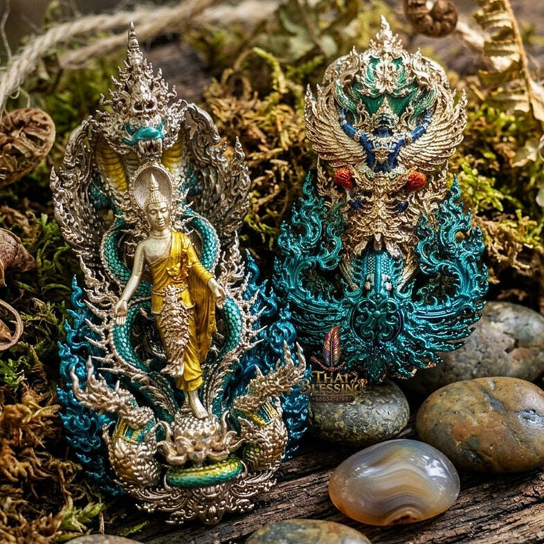 Master-Grade Phra Phuttha Pattiharn Paet Lok Bronze with Patina Enameling Nagaprok Back Garuda Sacred Casting Thai Blessing Co By RURUECHA