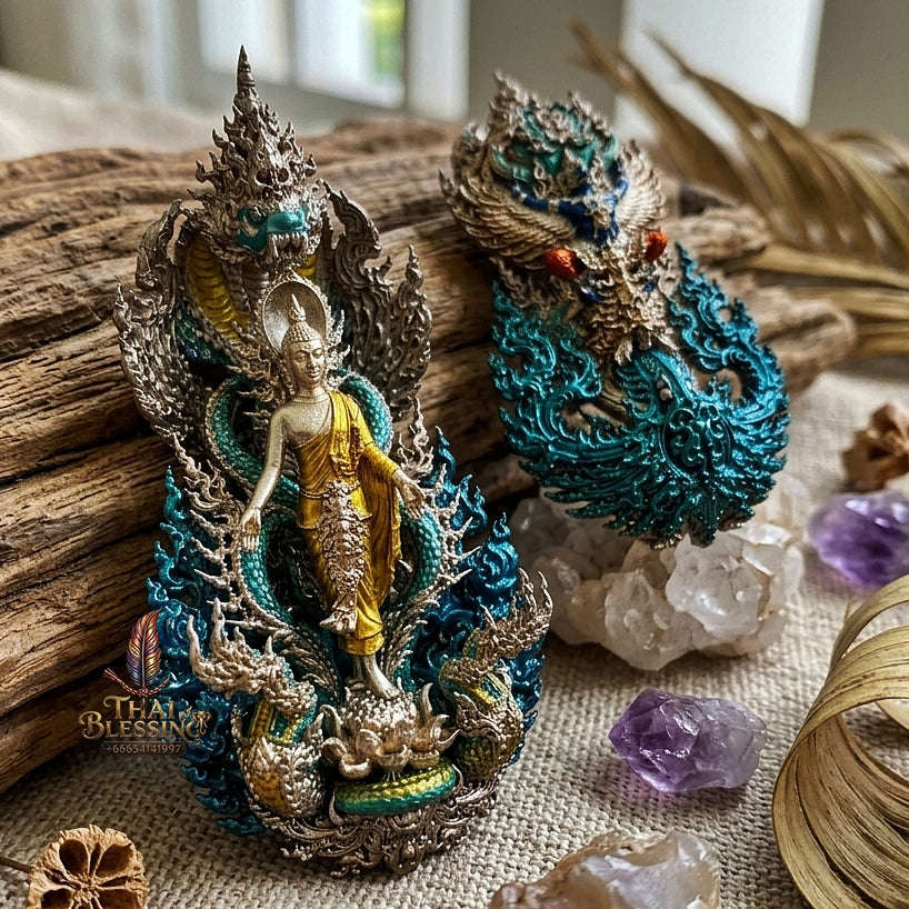 Master-Grade Phra Phuttha Pattiharn Paet Lok Bronze with Patina Enameling Nagaprok Back Garuda Sacred Casting Thai Blessing Co By RURUECHA
