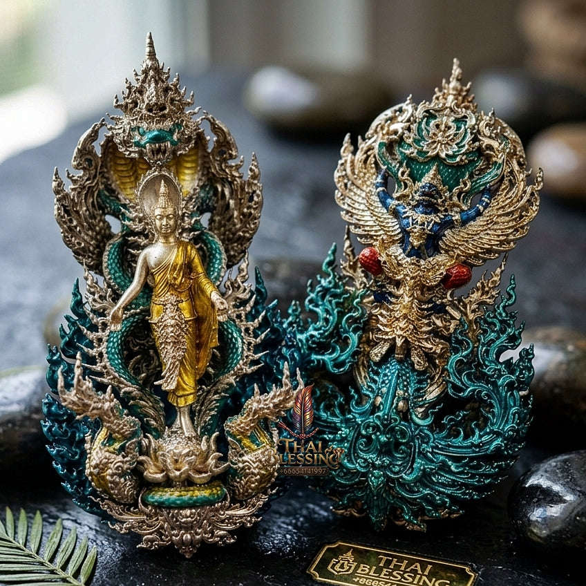 Master-Grade Phra Phuttha Pattiharn Paet Lok Bronze with Patina Enameling Nagaprok Back Garuda Sacred Casting Thai Blessing Co By RURUECHA