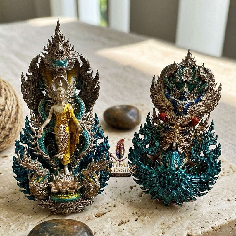 Master-Grade Phra Phuttha Pattiharn Paet Lok Bronze with Patina Enameling Nagaprok Back Garuda Sacred Casting Thai Blessing Co By RURUECHA