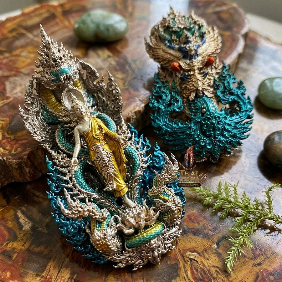 Master-Grade Phra Phuttha Pattiharn Paet Lok Bronze with Patina Enameling Nagaprok Back Garuda Sacred Casting Thai Blessing Co By RURUECHA