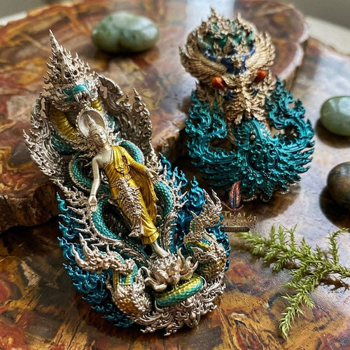 Master-Grade Phra Phuttha Pattiharn Paet Lok Bronze with Patina Enameling Nagaprok Back Garuda Sacred Casting Thai Blessing Co By RURUECHA