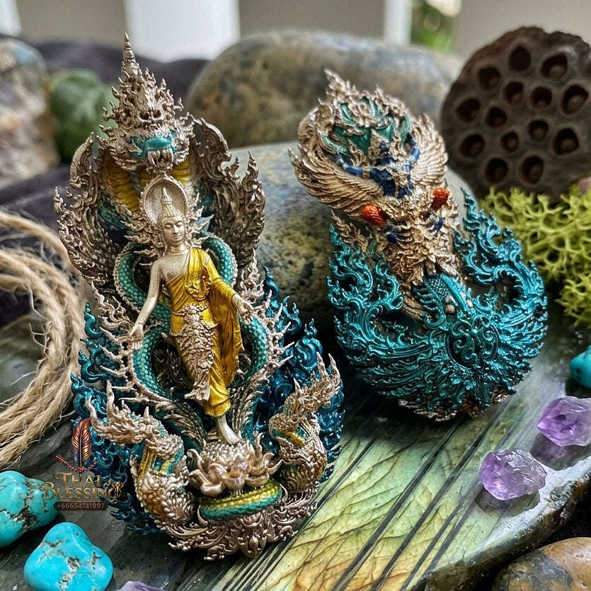 Master-Grade Phra Phuttha Pattiharn Paet Lok Bronze with Patina Enameling Nagaprok Back Garuda Sacred Casting Thai Blessing Co By RURUECHA