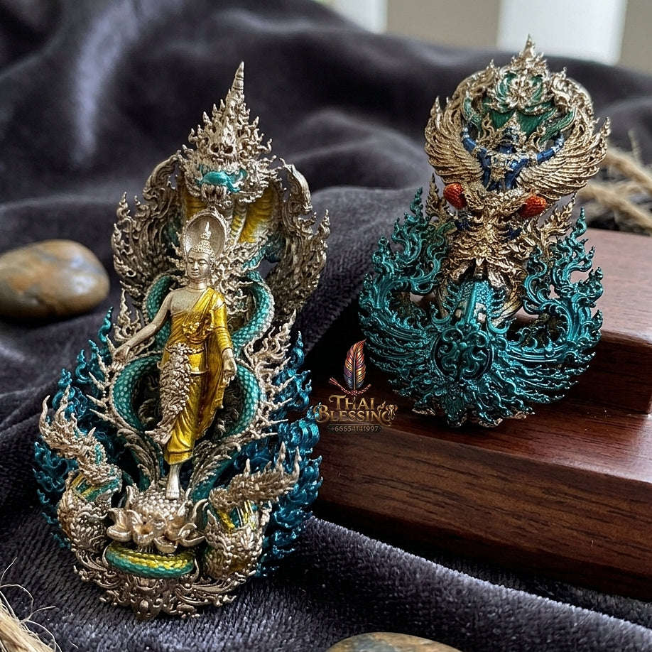 Master-Grade Phra Phuttha Pattiharn Paet Lok Bronze with Patina Enameling Nagaprok Back Garuda Sacred Casting Thai Blessing Co By RURUECHA