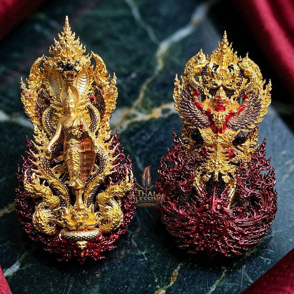 Master-Grade Phra Phuttha Pattiharn Paet Lok Nawa Loha 2K with Patina Enameling Nagaprok Back Garuda Sacred Casting